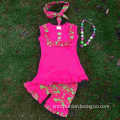 2015 Newest girls top bib shorts set hot pink summer sets Ruffler Short Sets with necklace and headband